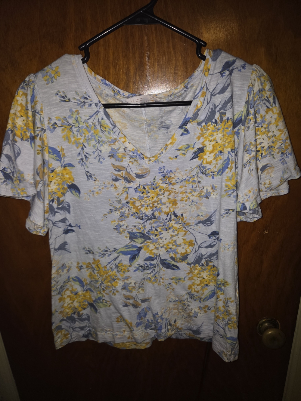 LC Lauren Conrad Blue Yellow Floral V Neck Flutter Sleeve Top Size M